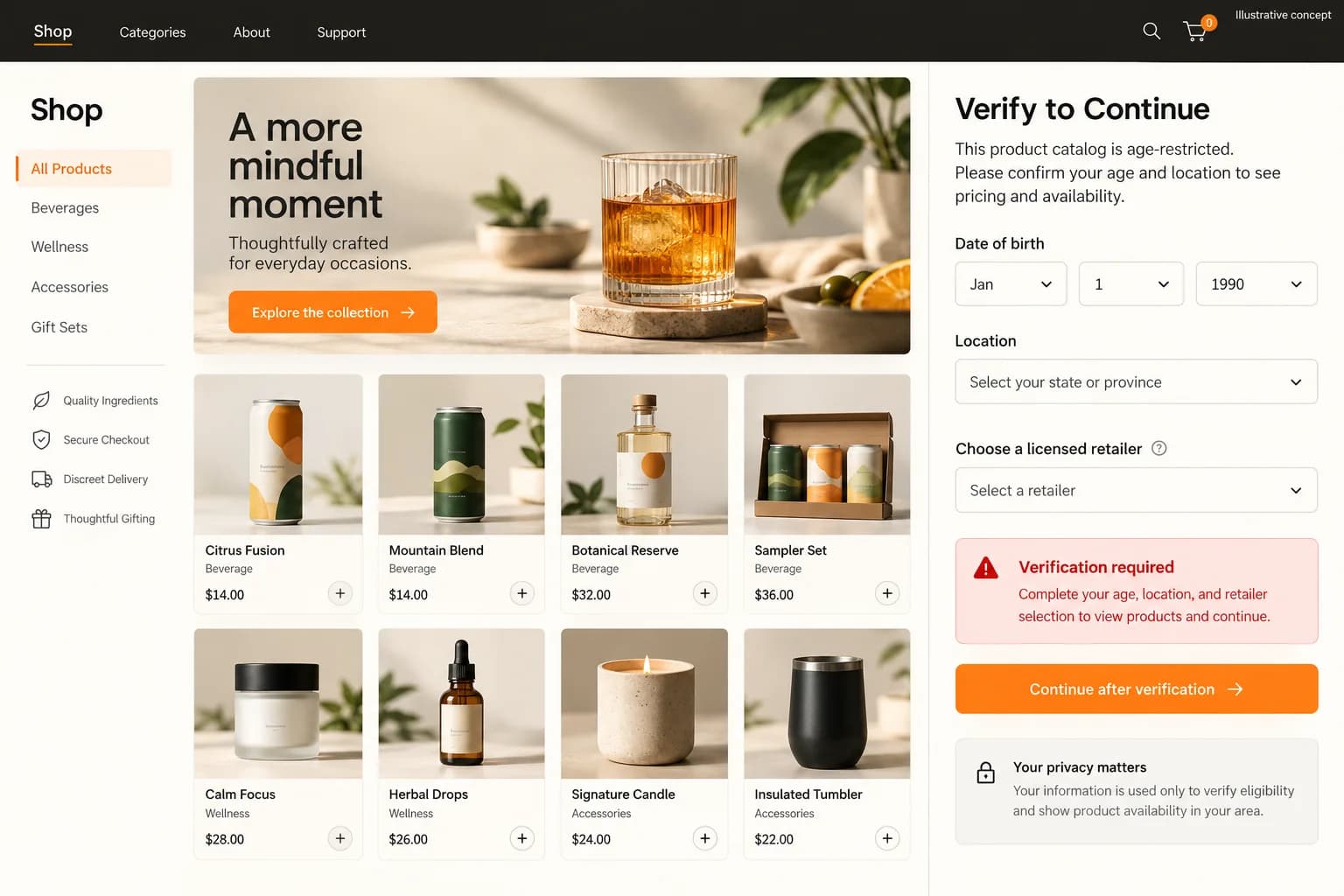 Original illustrative curated commerce concept with collections and merchant controls