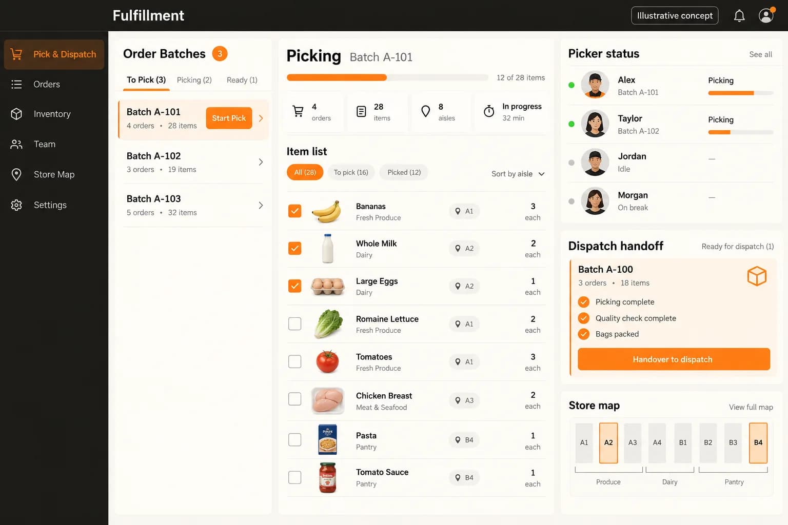 Original illustrative merchant and courier dispatch concept with handoff statuses