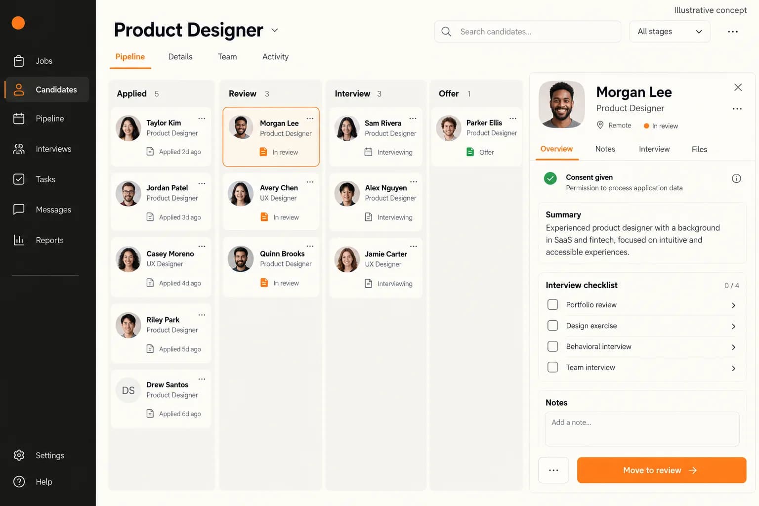 Illustrative recruitment portal pipeline showing approved vacancies, candidate stages and consent controls