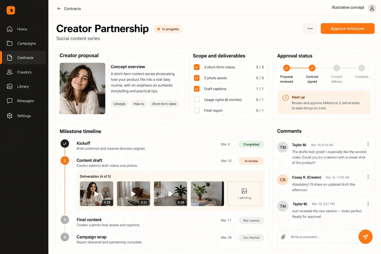 Original illustrative creator-project workspace showing deliverables, milestones, approval status and comments