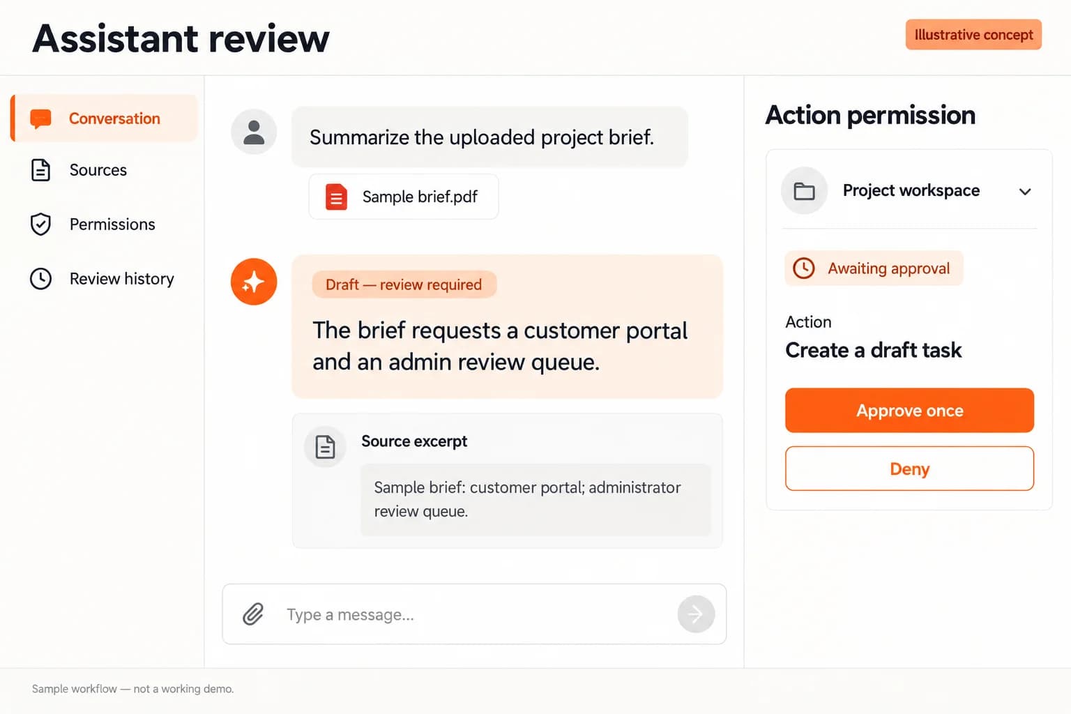 Illustrative assistant review with an uploaded sample brief, draft answer, separate source excerpt and task action awaiting approval