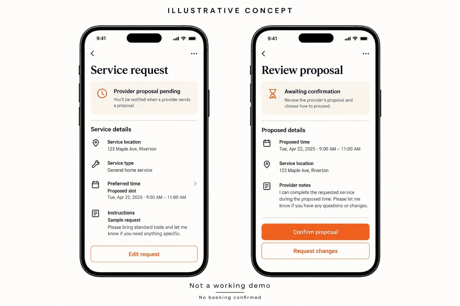 Proposed home-service request with preferred time, instructions, pending provider proposal and change request