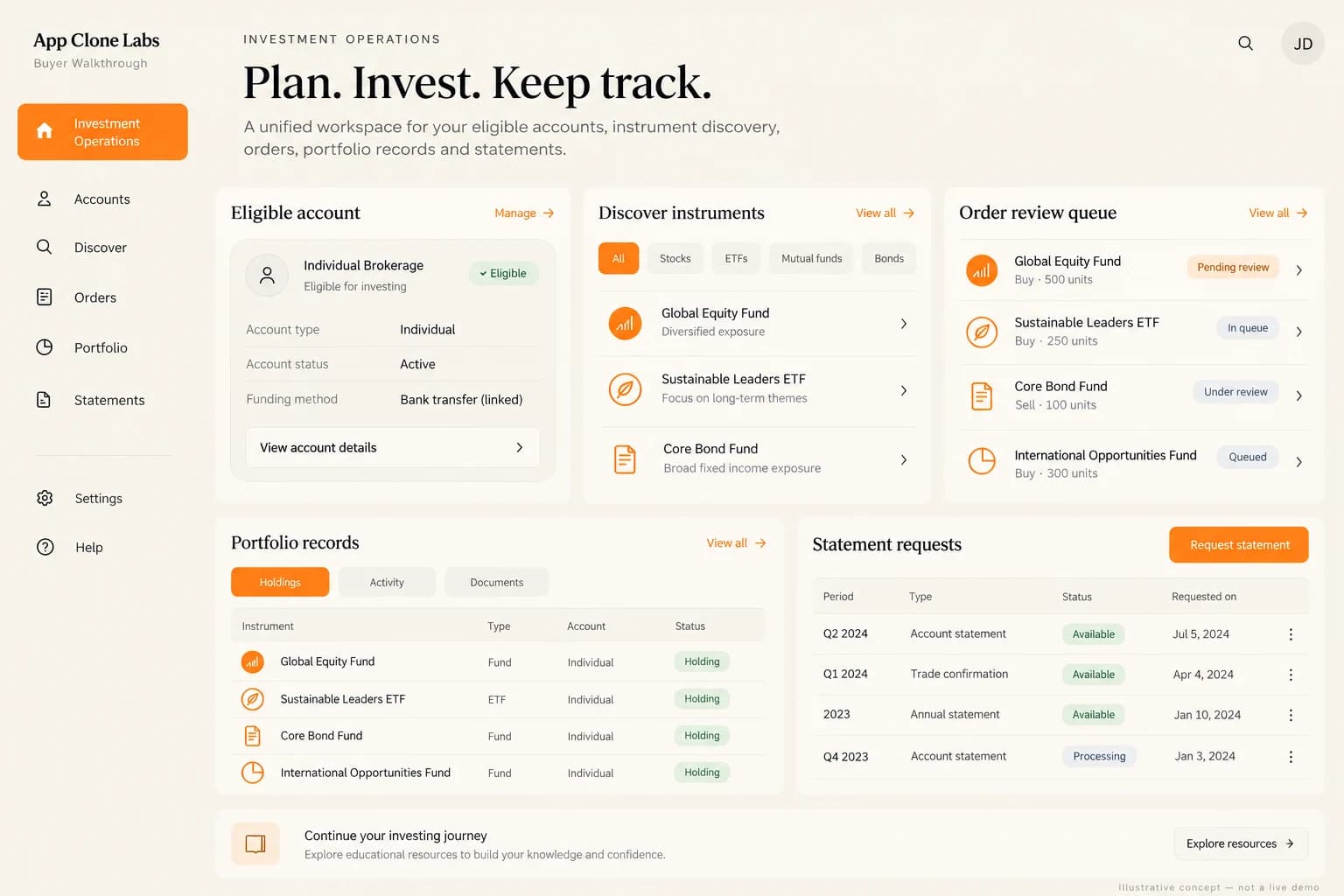Illustrative investment operations workspace with account, portfolio and statement controls