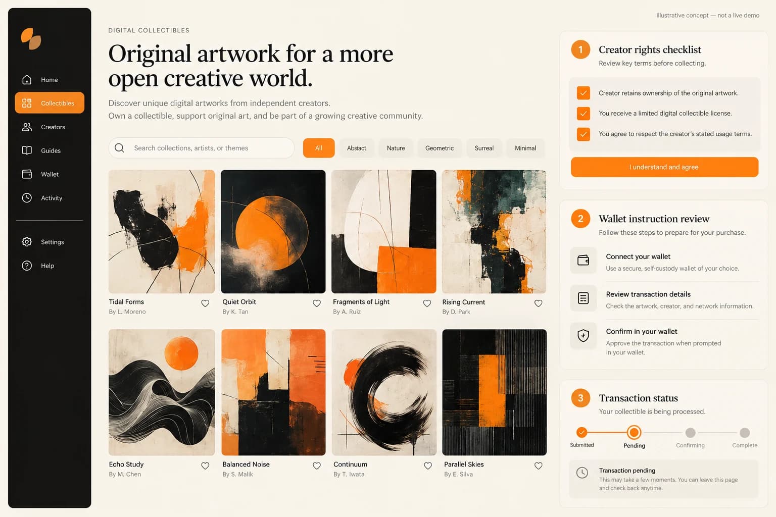 Illustrative digital collectibles catalogue with creator rights and transaction review