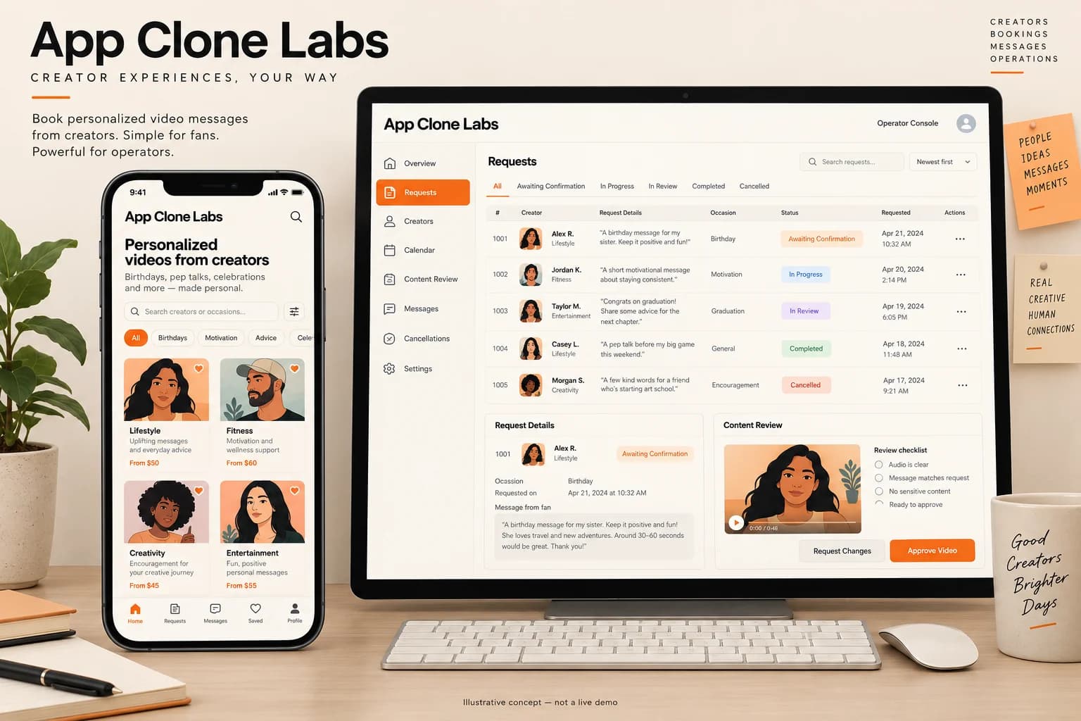 Illustrative creator booking app and request review console