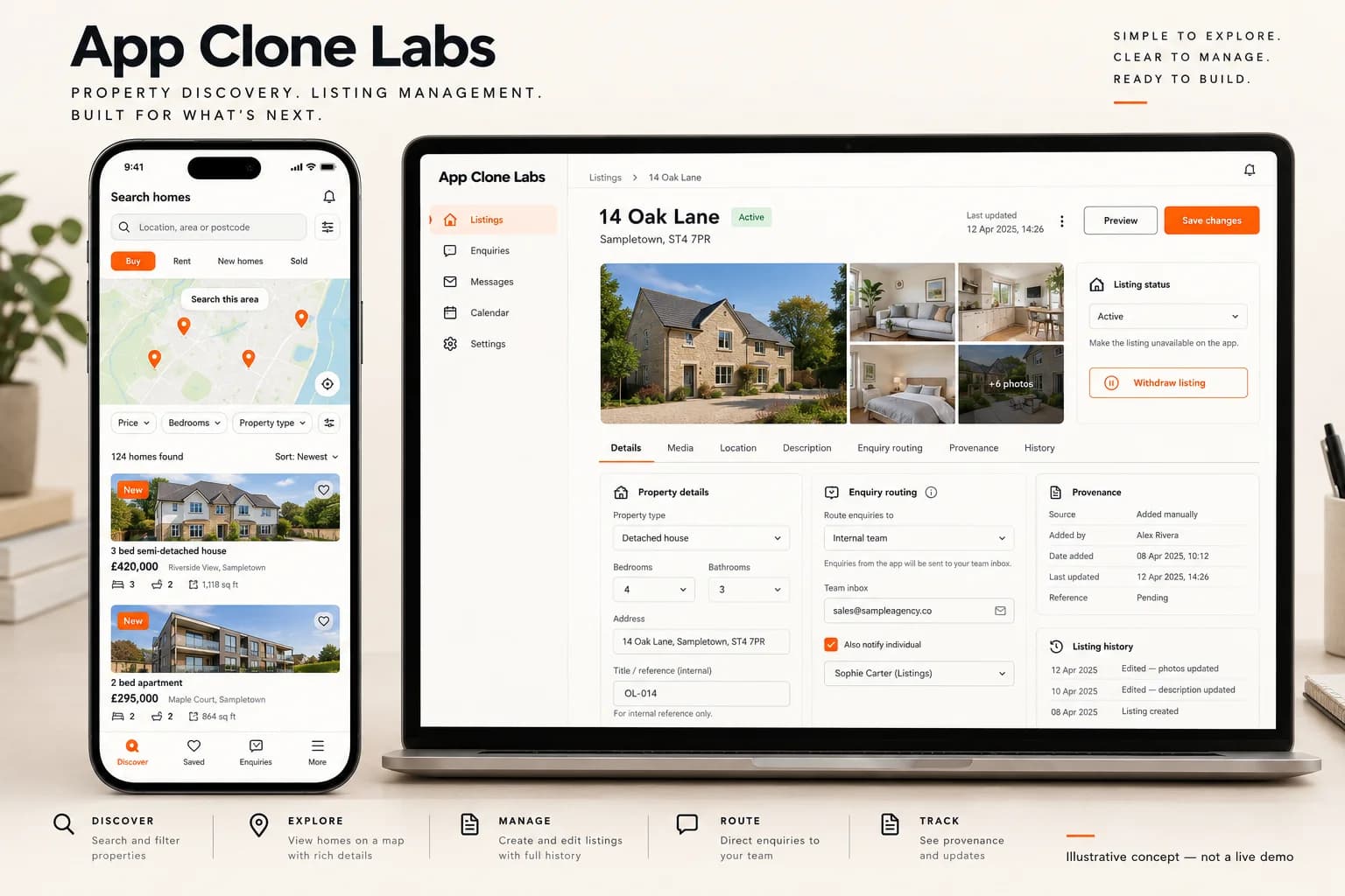 Illustrative home search app and listing provenance review workspace