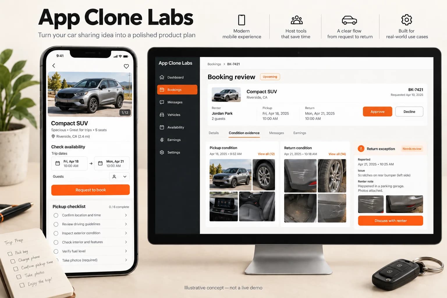 Illustrative car rental request app and host handoff review workspace