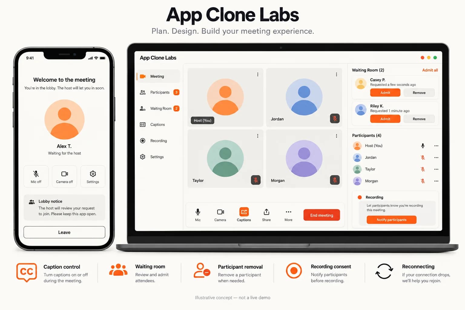 Illustrative meeting lobby and host workspace with consent and reconnect controls