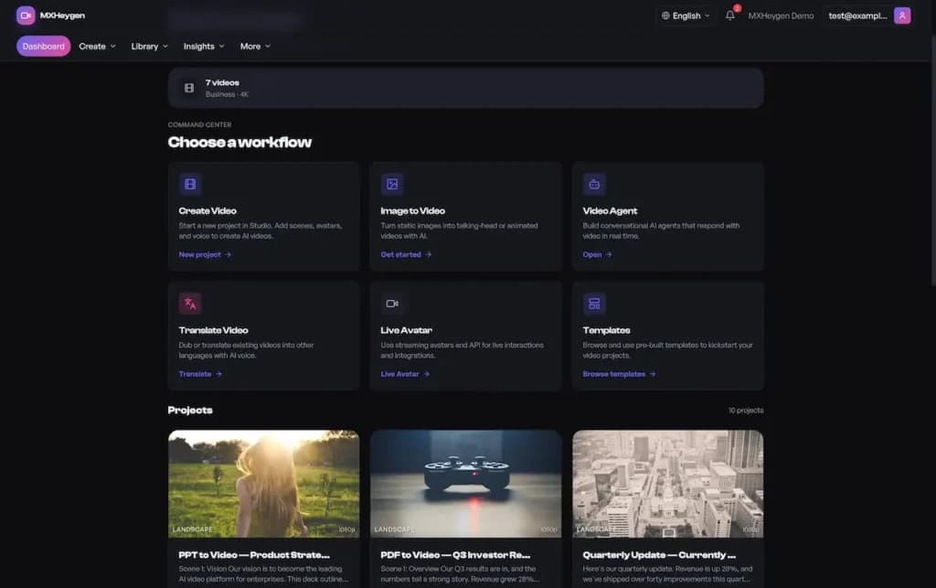 Reference video creation workspace with video, translation, avatar, and template entry points