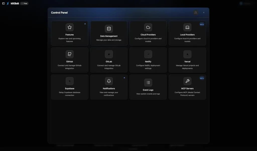 Illustrative workspace control panel with repository, data, deployment and log entry points
