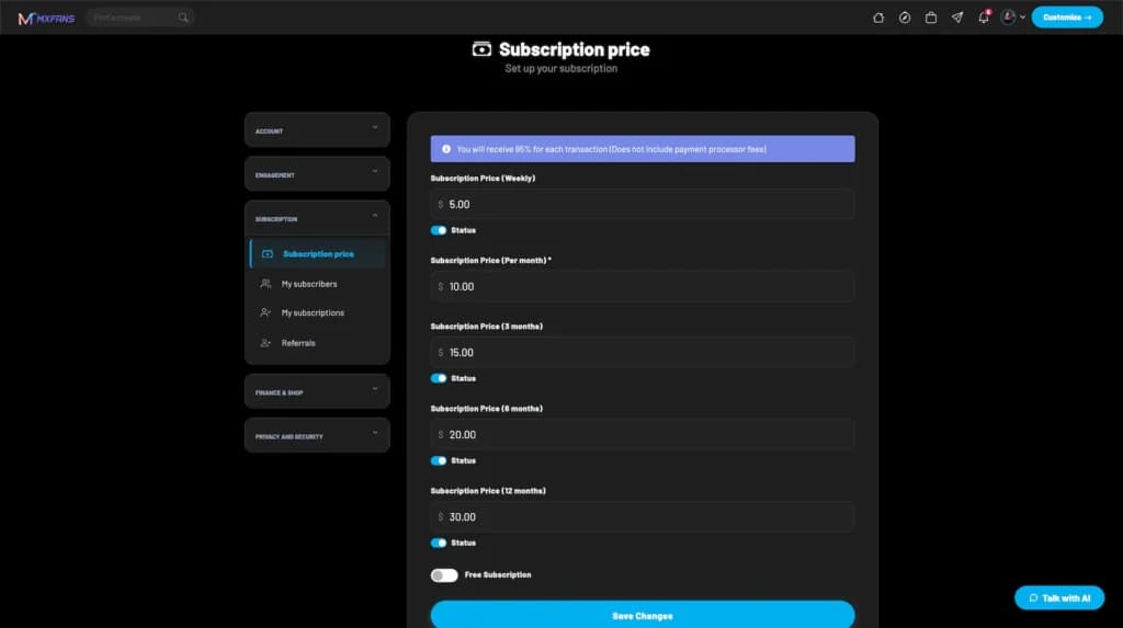 Creator reference settings for subscription periods, sample prices, and availability switches