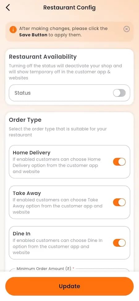 Food delivery restaurant configuration reference
