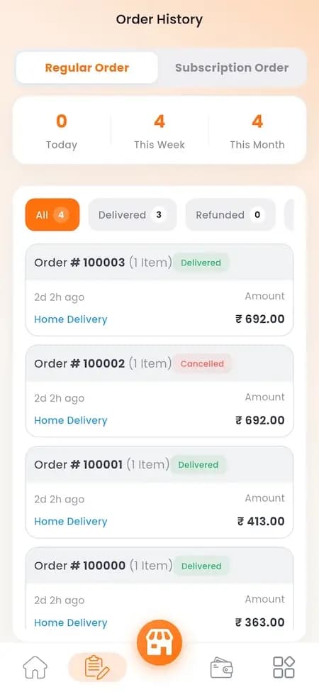 Restaurant order-history reference showing delivered and cancelled home-delivery orders with a refunded filter