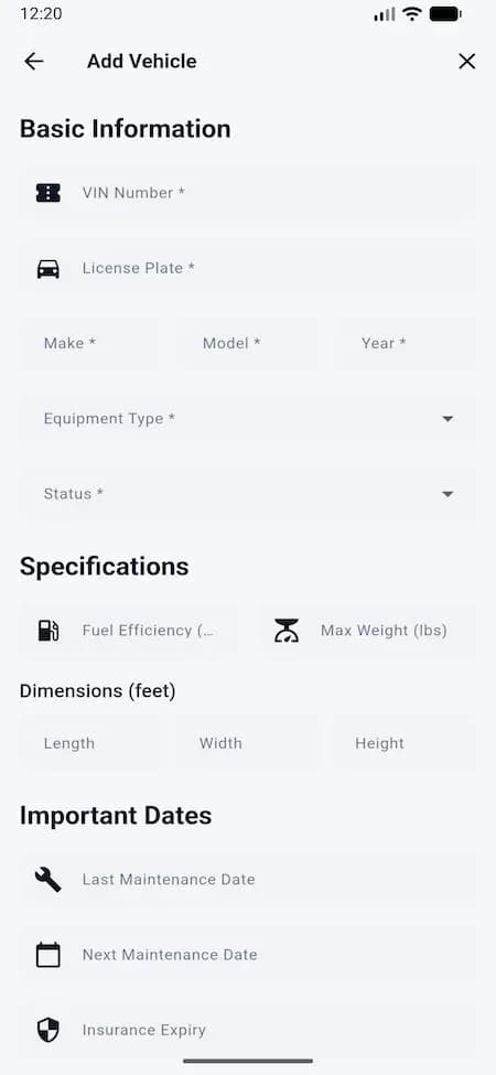 Carrier Add Vehicle reference with VIN, licence plate, equipment type, status, weight, dimensions and maintenance dates