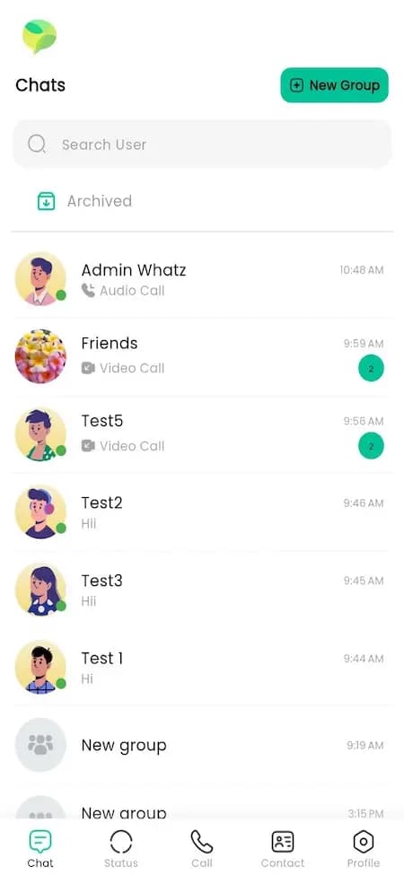 Conversation-list reference showing archived chats, groups and call previews