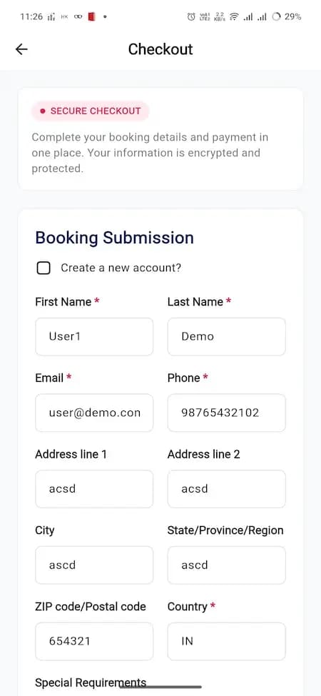 Rental guest checkout reference showing a booking-submission form with sample contact and address fields