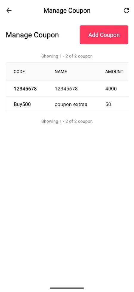 Host Manage Coupon reference with an Add Coupon control and two sample code, name and amount rows