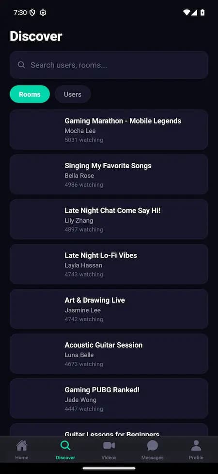 Viewer discovery reference with room search, Rooms and Users tabs, and room listings