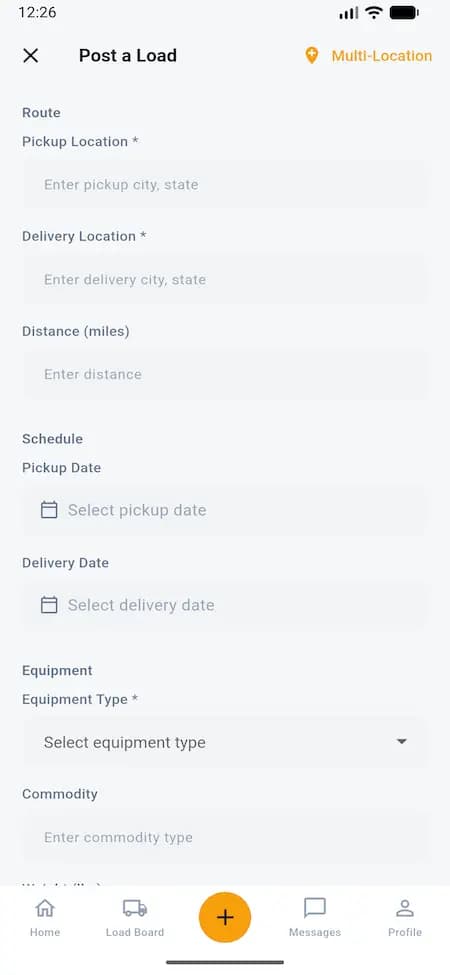Shipper mobile screen for posting a load with pickup, delivery, schedule, and equipment fields