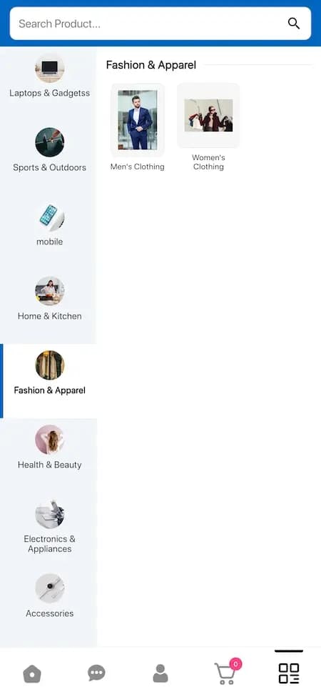 Generic marketplace category reference showing retail groups and search navigation