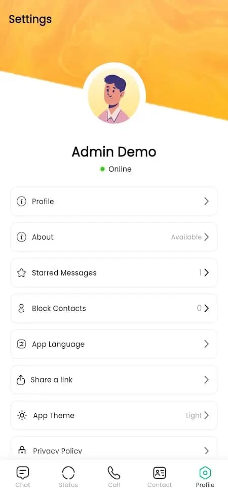 Member-settings reference showing profile, starred messages, blocked contacts, language and theme