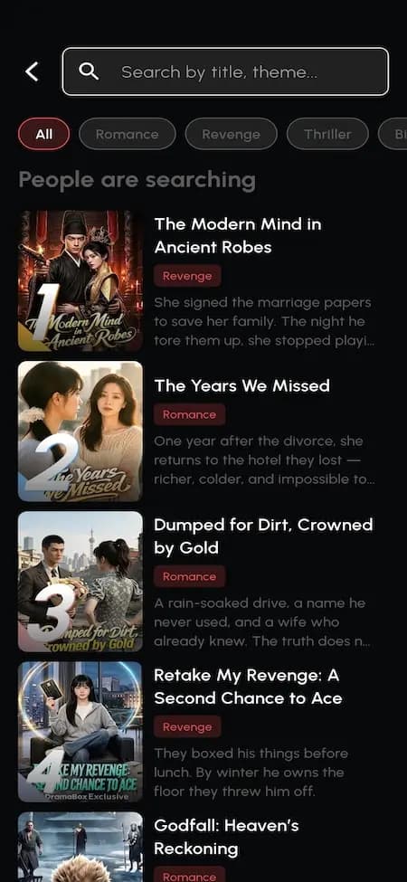 Mobile episodic drama search screen with genre filters and series results