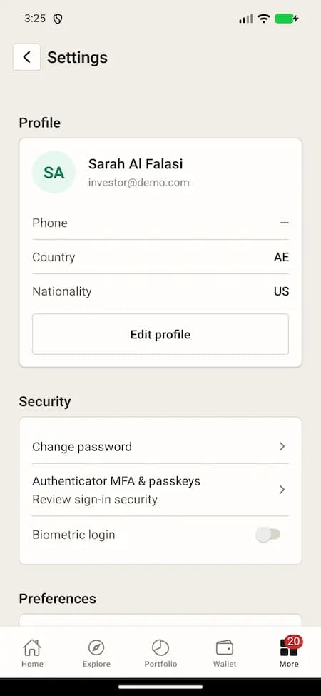 Shared property-platform demo preferences with a demo investor profile and security entry points