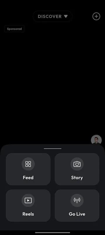 Mobile publishing menu offering feed, story, reels, and live-video creation