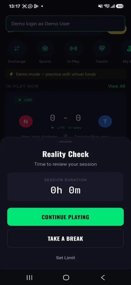 Virtual-funds sports reference showing a session reality check with break and limit controls