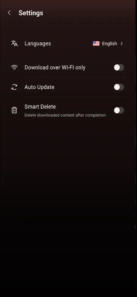 Streaming viewer settings with language and download preferences