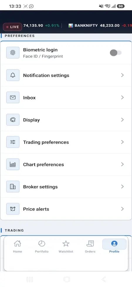 Trading reference preferences for biometric login, notifications, charts, broker settings, and alerts