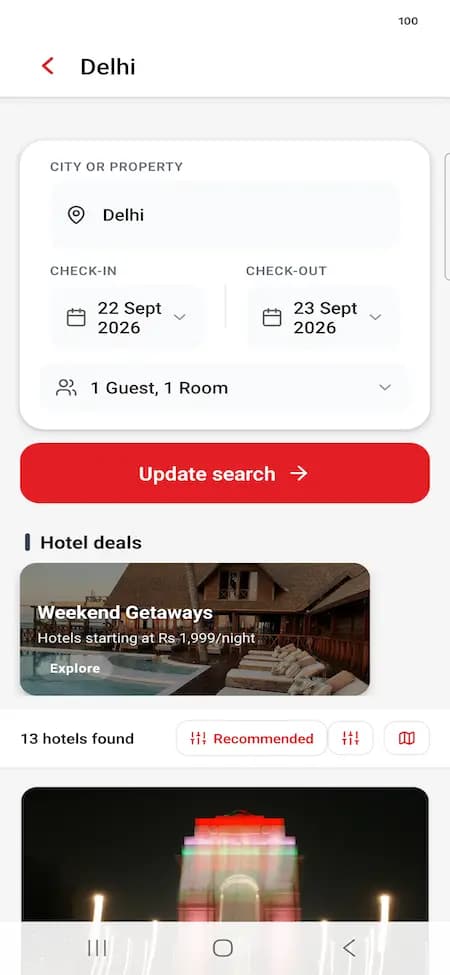 Traveller hotel search with location, stay dates, guests, and sorting controls