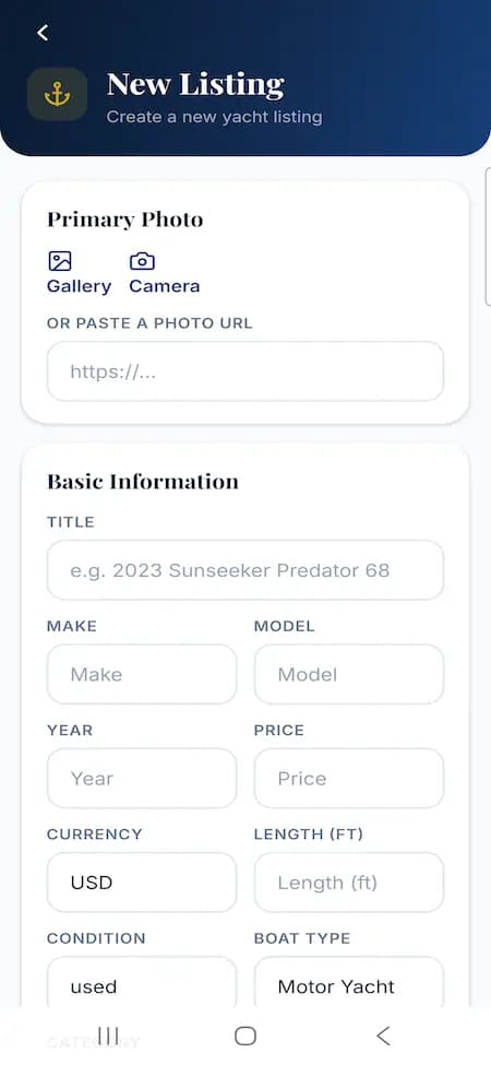 Yacht seller listing form for photos, make, model, year, price, condition, and vessel type