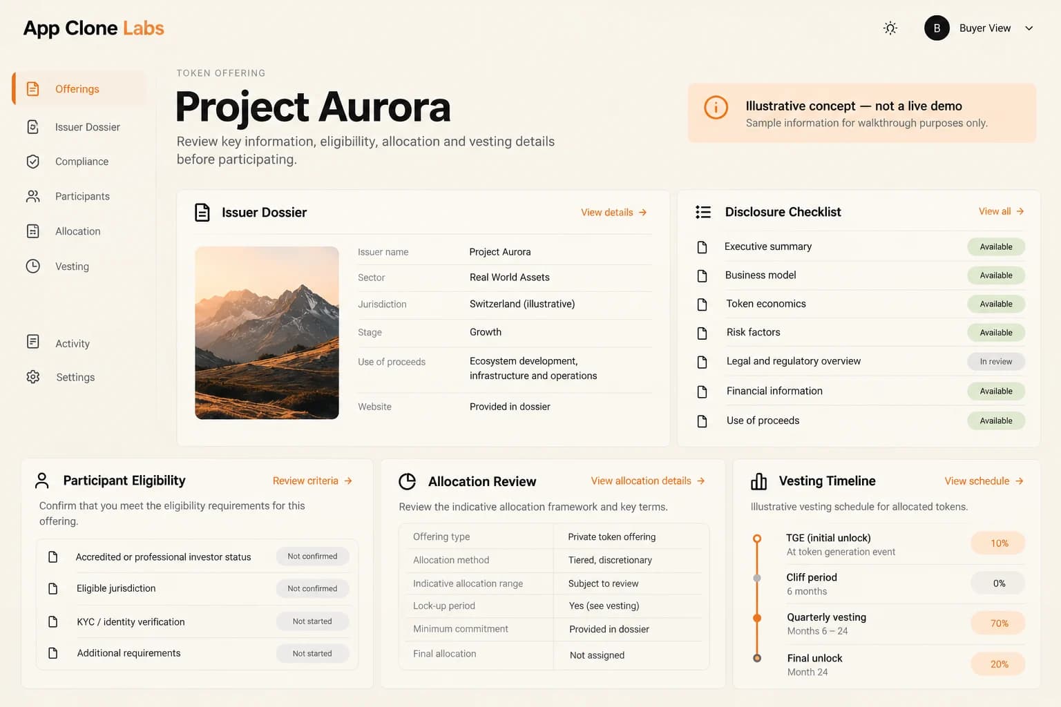 Illustrative offering review portal with issuer disclosures and allocation controls