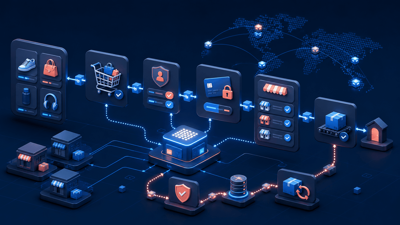 Agentic commerce architecture connecting discovery, consent, payment, merchants, fulfilment and returns
